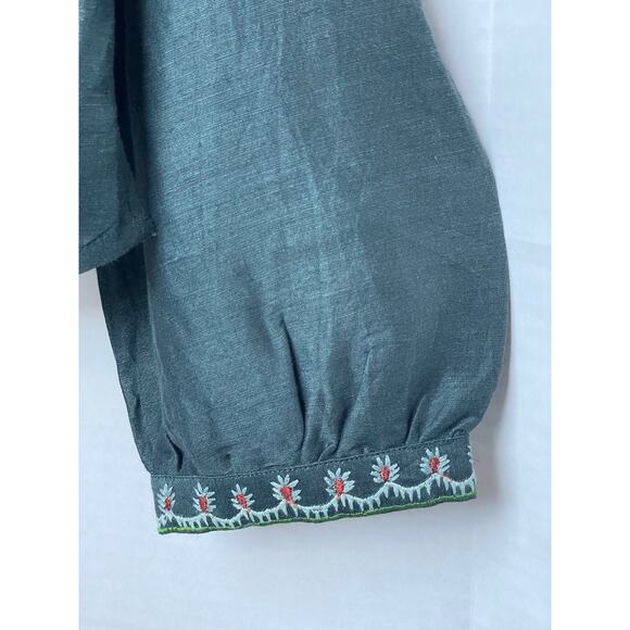Folk Linen Blend Blouse S Green Embroidered Button Top Boho Cottagecore Romantic - Picture 7 of 9